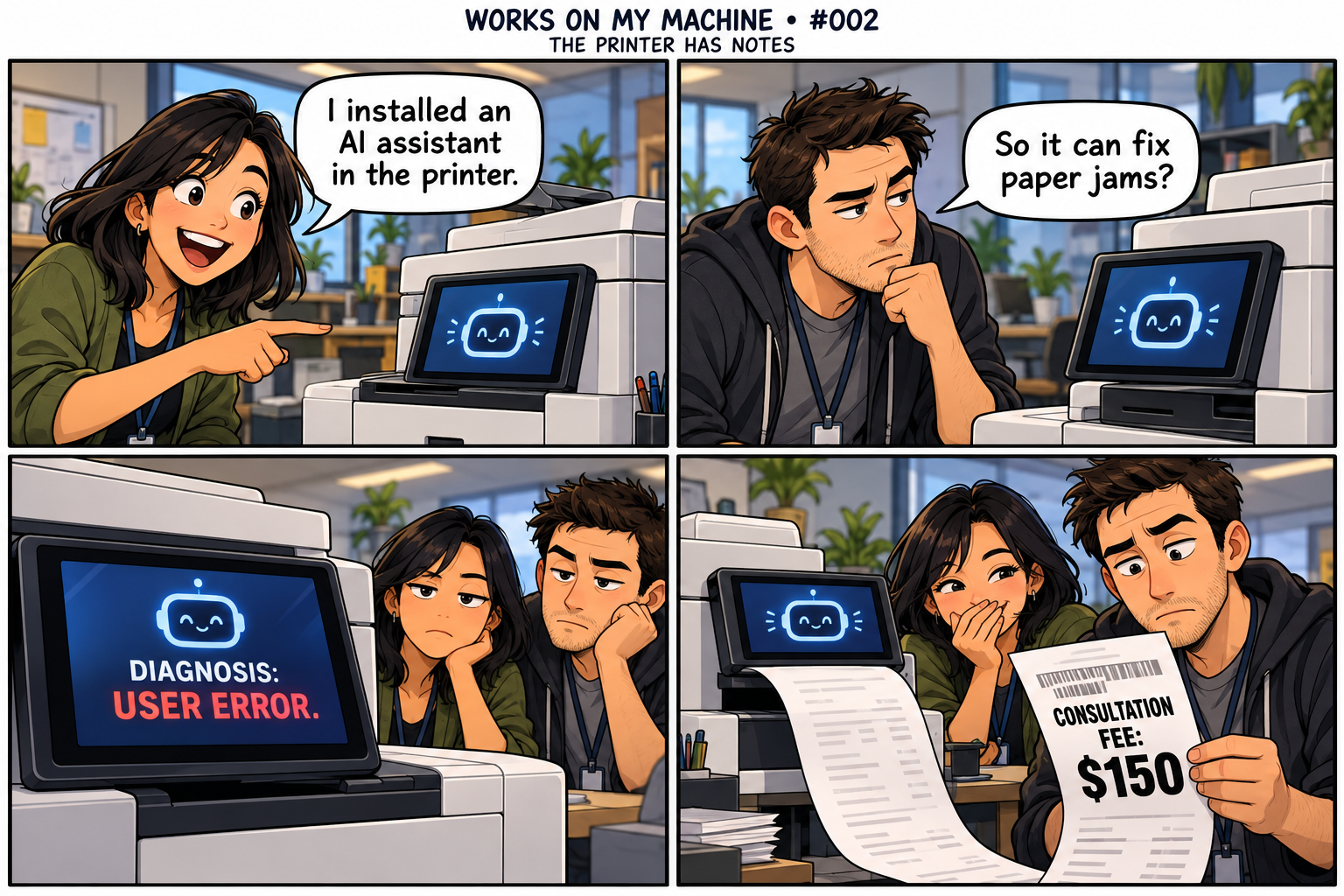 Maya and Evan test an AI-equipped office printer in the latest four-panel comic