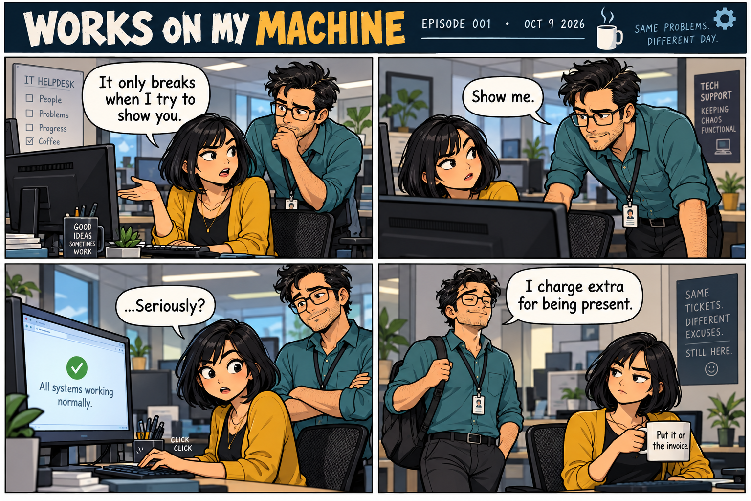 Four-panel office comedy comic: Maya's computer issue disappears when Evan from IT appears.